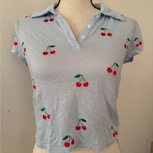 Chaser Light Blue Cherry Embroidered Crop Top